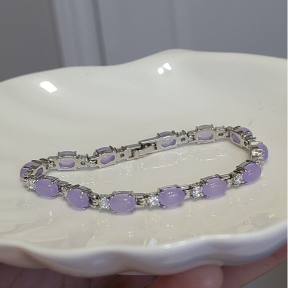 Vintage Amethyst Purple Cabochon CZ Crystal Sterling Silver Tennis Bracelet - Picture 8 of 14